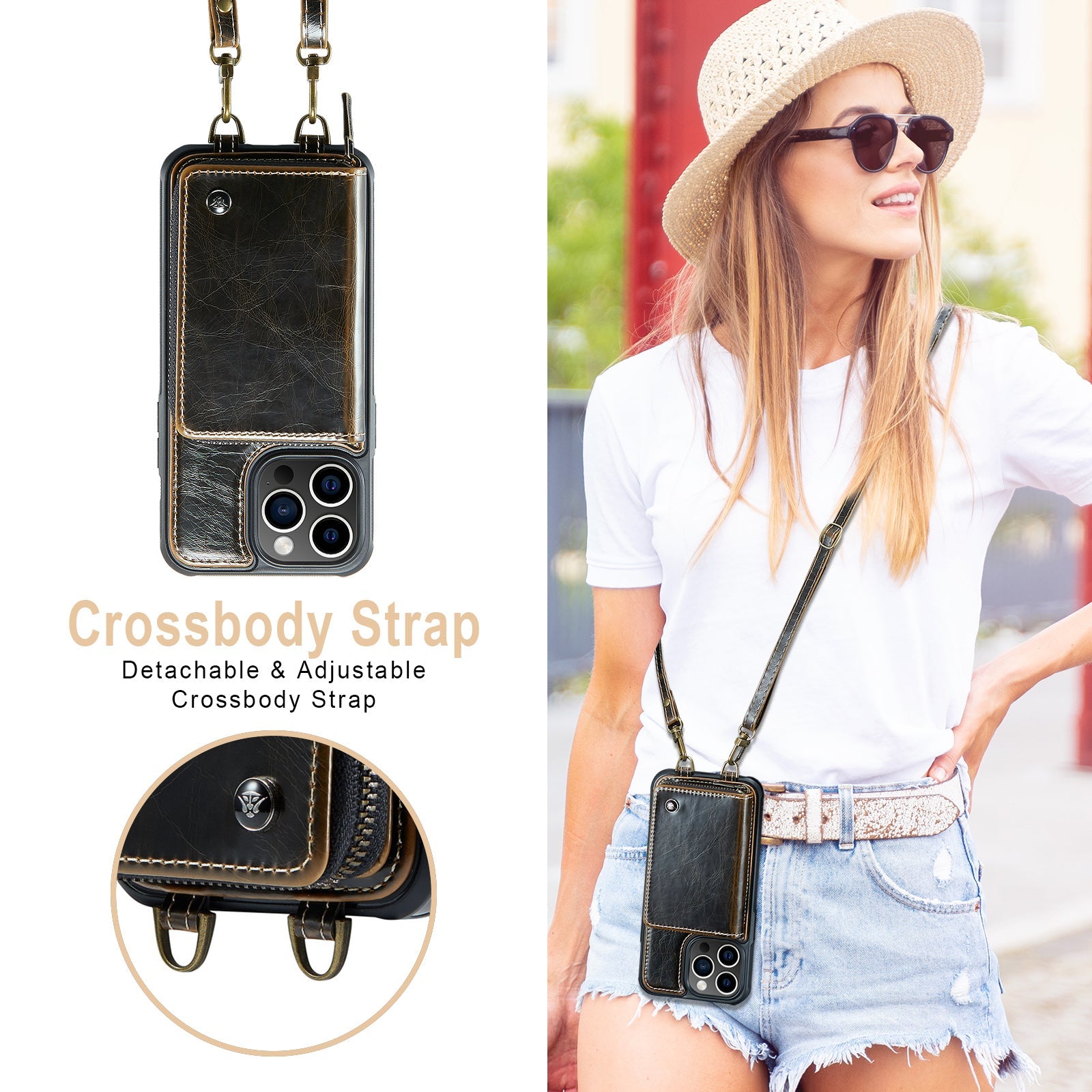 Étui portefeuille en cuir de luxe pour iPhone – Coque bandoulière MagSafe premium avec porte-cartes, fonction support & bandoulière, protection 360° antichoc, design fin, tout organisé – idéal pour extérieur & travail