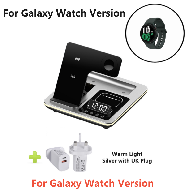 Station de charge rapide sans fil 5-en-1 30W Premium avec LED | Station de chargement rapide sans fil, chargeur avec support et réveil pour iPhone, Samsung, Android, Apple et Galaxy Watch, AirPods