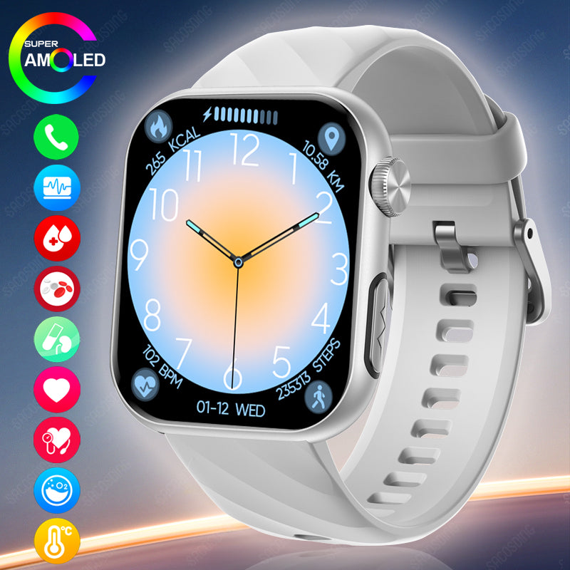 Montre intelligente de glycémie haut de gamme pour hommes avec assistant vocal AI, appel Bluetooth, mesure automatique de l'oxygène dans le sang par infrarouge, surveillance de la santé, ECG et PPG