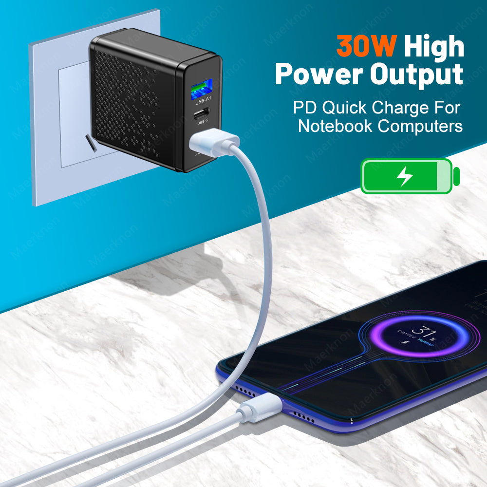 Chargeur USB C - Alimentation 60W Power Delivery quick charge 3.0 Type-C pour smartphones iPhone, iOS, Xiaomi, Samsung, Huawei & Android - Charge rapide Qualcomm avec 3 ports USB et 1 port Type-C