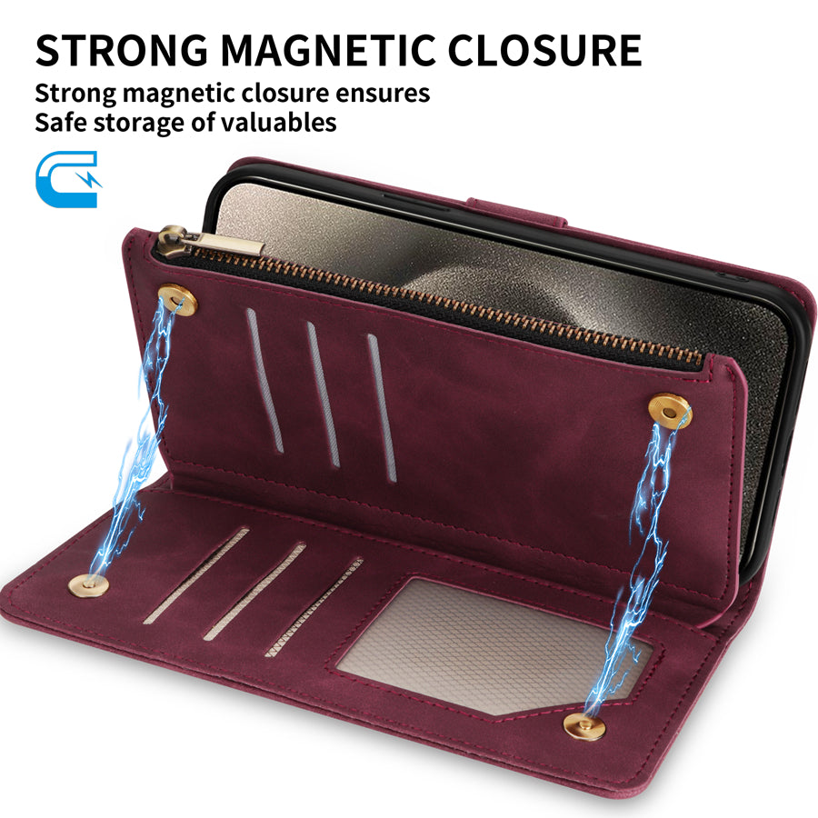 Étui portefeuille en cuir de qualité supérieure SecureSwipe pour Apple iPhone | Caractéristiques du portefeuille et du portefeuille : fermeture magnétique, plusieurs emplacements pour cartes, construction résistante aux rayures, aux chocs et légère.