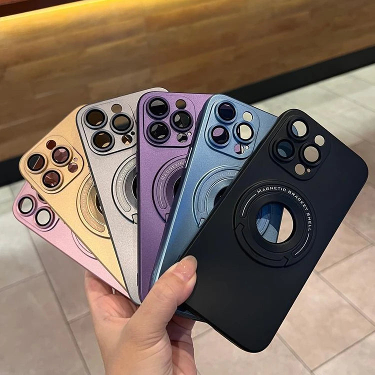 Magnetic Metal For Apple iPhone 16/15/14/13/12 Pro Max Plus Mini Case | Premium Shockproof Supreme Protection - Luxury Slim Matte with Camera Glass Lens Protection, Stand, and Hand Holder Cover