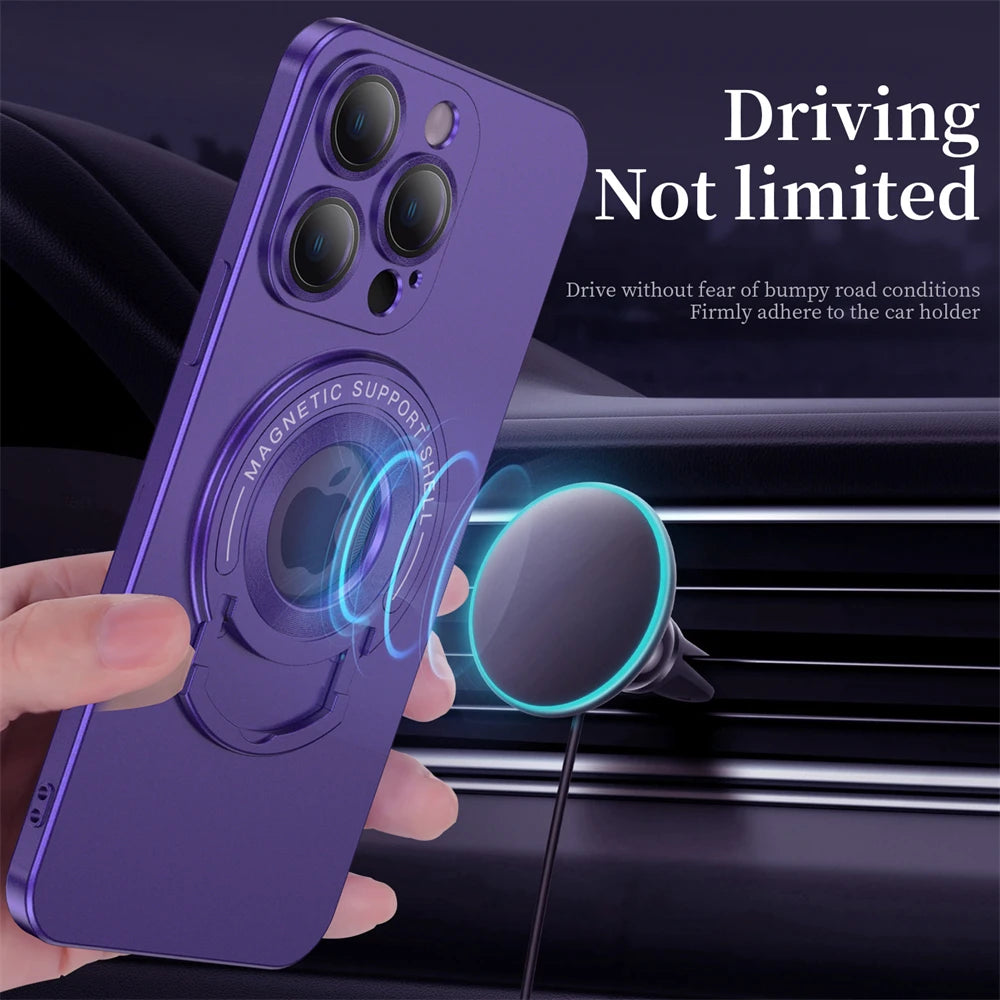 Magnetic Metal For Apple iPhone 16/15/14/13/12 Pro Max Plus Mini Case | Premium Shockproof Supreme Protection - Luxury Slim Matte with Camera Glass Lens Protection, Stand, and Hand Holder Cover