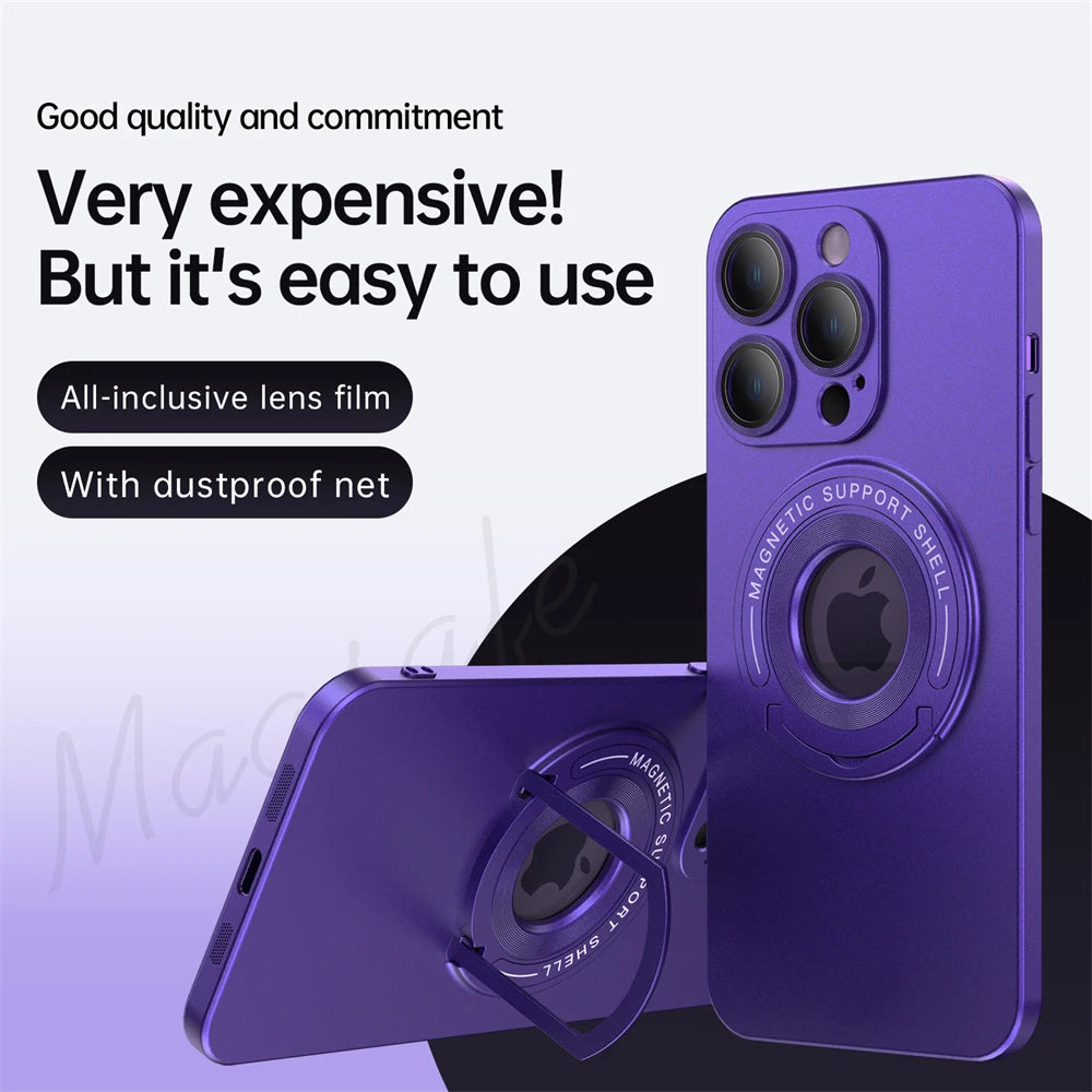 Magnetic Metal For Apple iPhone 16/15/14/13/12 Pro Max Plus Mini Case | Premium Shockproof Supreme Protection - Luxury Slim Matte with Camera Glass Lens Protection, Stand, and Hand Holder Cover