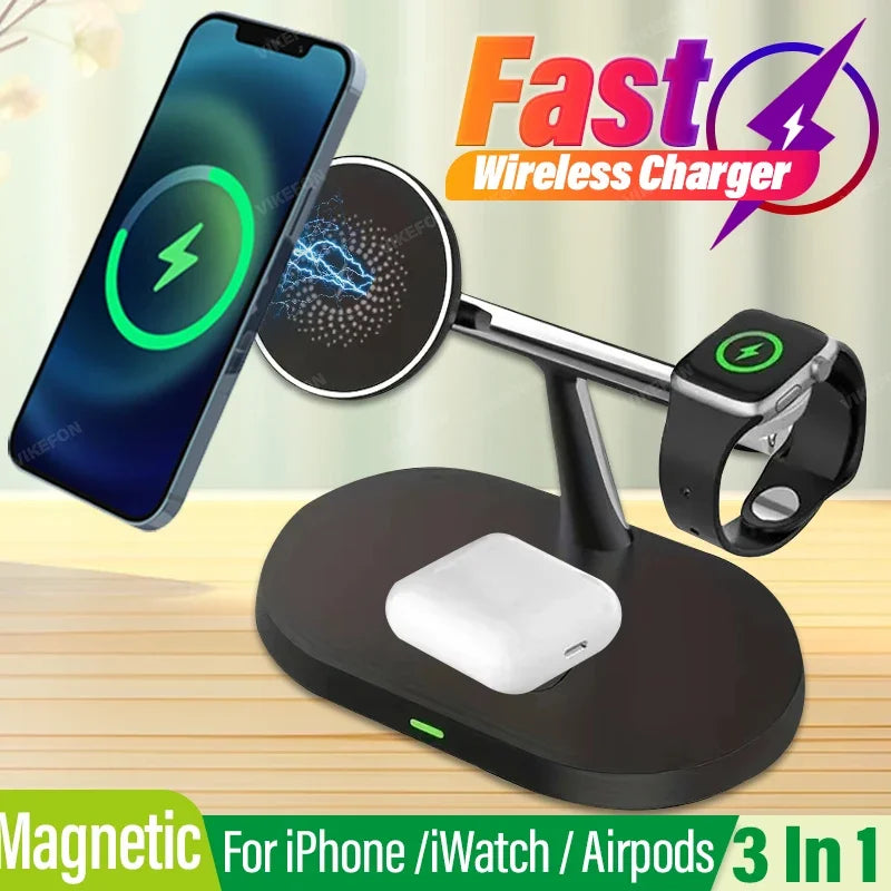 3 in 1 Wireless Fast Magnetic MagSafe Charging Station | Wireless Charging Station Fast Docking Charger for Smartphones, Apple iPhone, Samsung, iOS & Android, Watch & AirPods