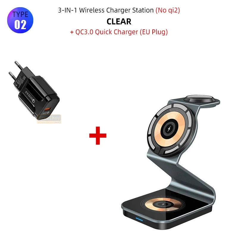 Station de charge magnétique pliable 3 en 1 Chargeur sans fil 15 W Station de charge rapide en aluminium Station d'accueil Station de charge sans fil Apple iPhone