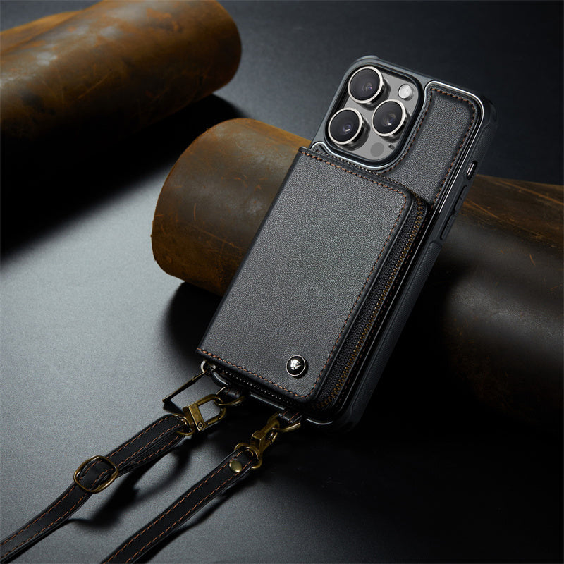 Étui portefeuille en cuir de luxe pour iPhone – Coque bandoulière MagSafe premium avec porte-cartes, fonction support & bandoulière, protection 360° antichoc, design fin, tout organisé – idéal pour extérieur & travail