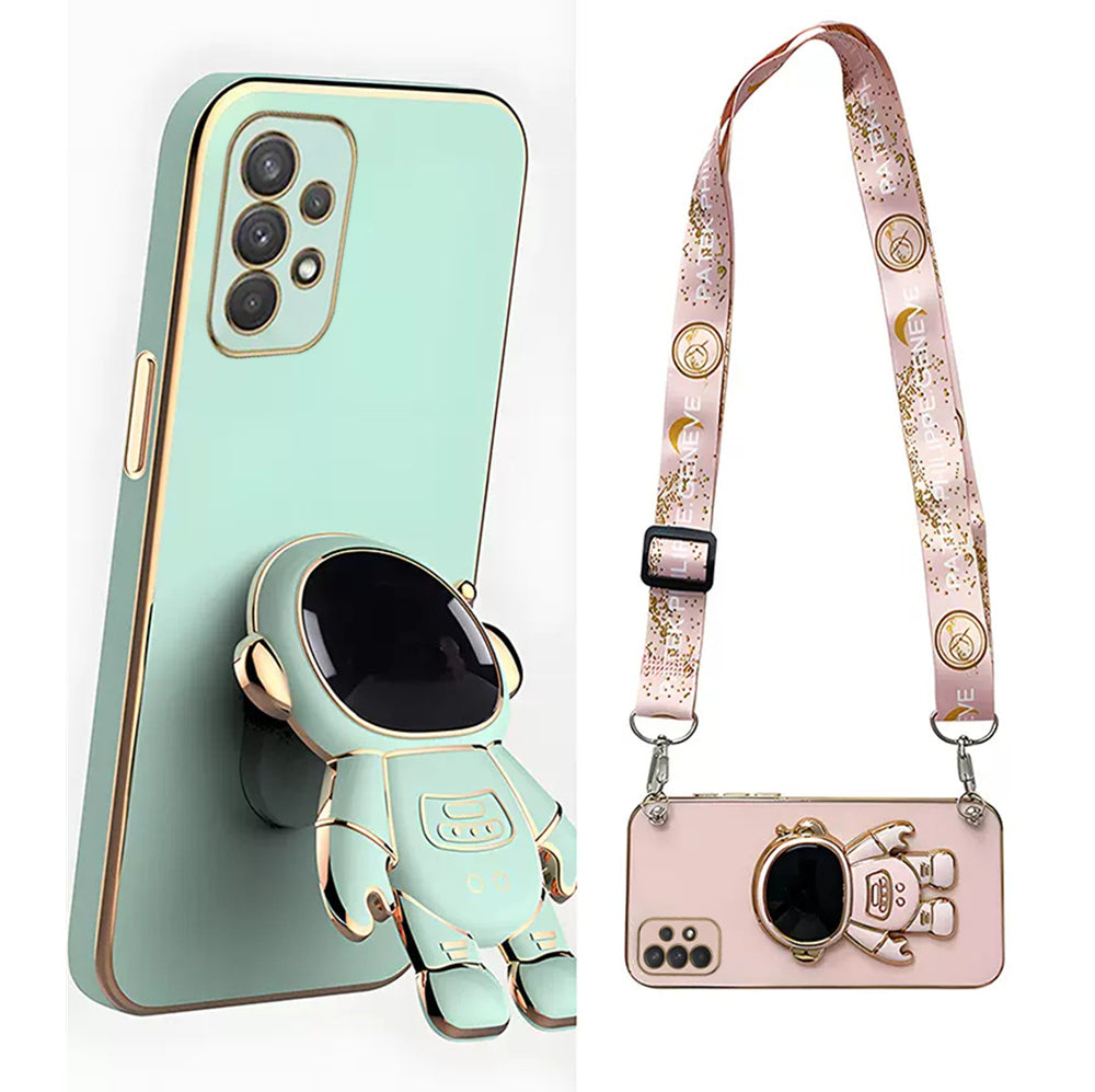 Luxus Crossbody-Lanyard Astronauten-Telefonhalterung und Ständer iPhone Hülle | MagSafe Case mit Rundumschutz und Kameralinsenschutzabdeckung für Apple iPhone 17/17 Air, 16/16e, 15, 14, 13 Pro Max Plus Cover | Panzertasche Handyhülle | Premium Schutzhülle