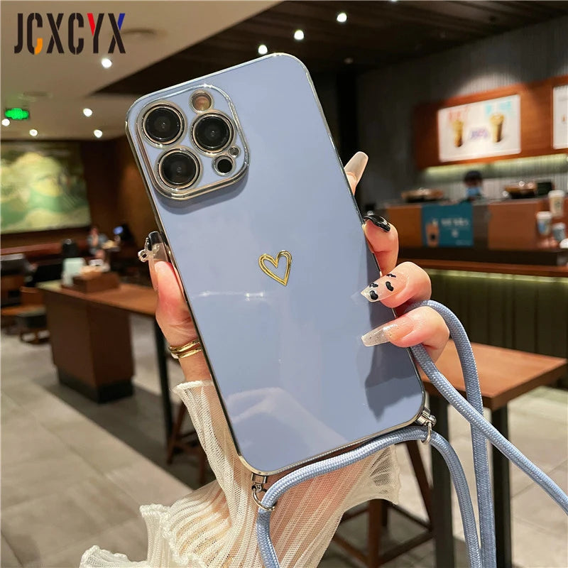 Étui pour iPhone avec dragonne et bandoulière de qualité supérieure avec revêtement de luxe en silicone souple | MagSafe Étui avec protection d'objectif d'appareil photo pour Apple iPhone 15/14/13/12 Pro Max Plus Mini – Sangle de cou, bandoulière