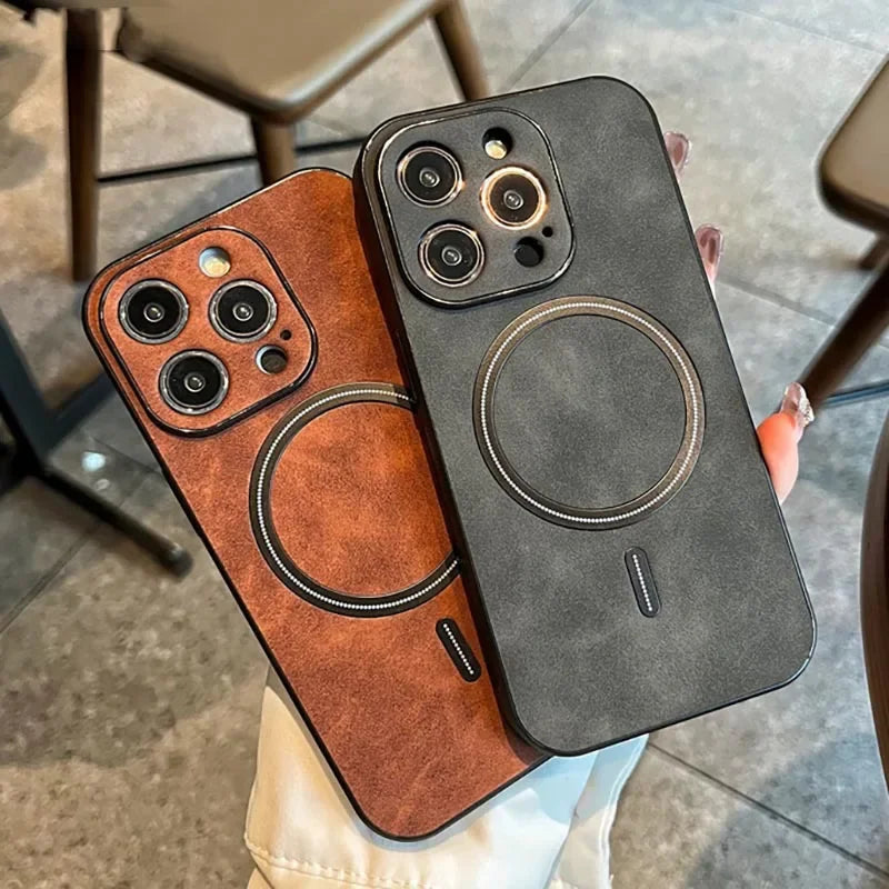 Étui MagSafe en cuir de haute qualité : étui magnétique pour iPhone | Coque antichoc avec housse de protection pour appareil photo - Coque blindée pour Apple iPhone 15/14/13 Pro Max Plus | Coque de téléphone de luxe