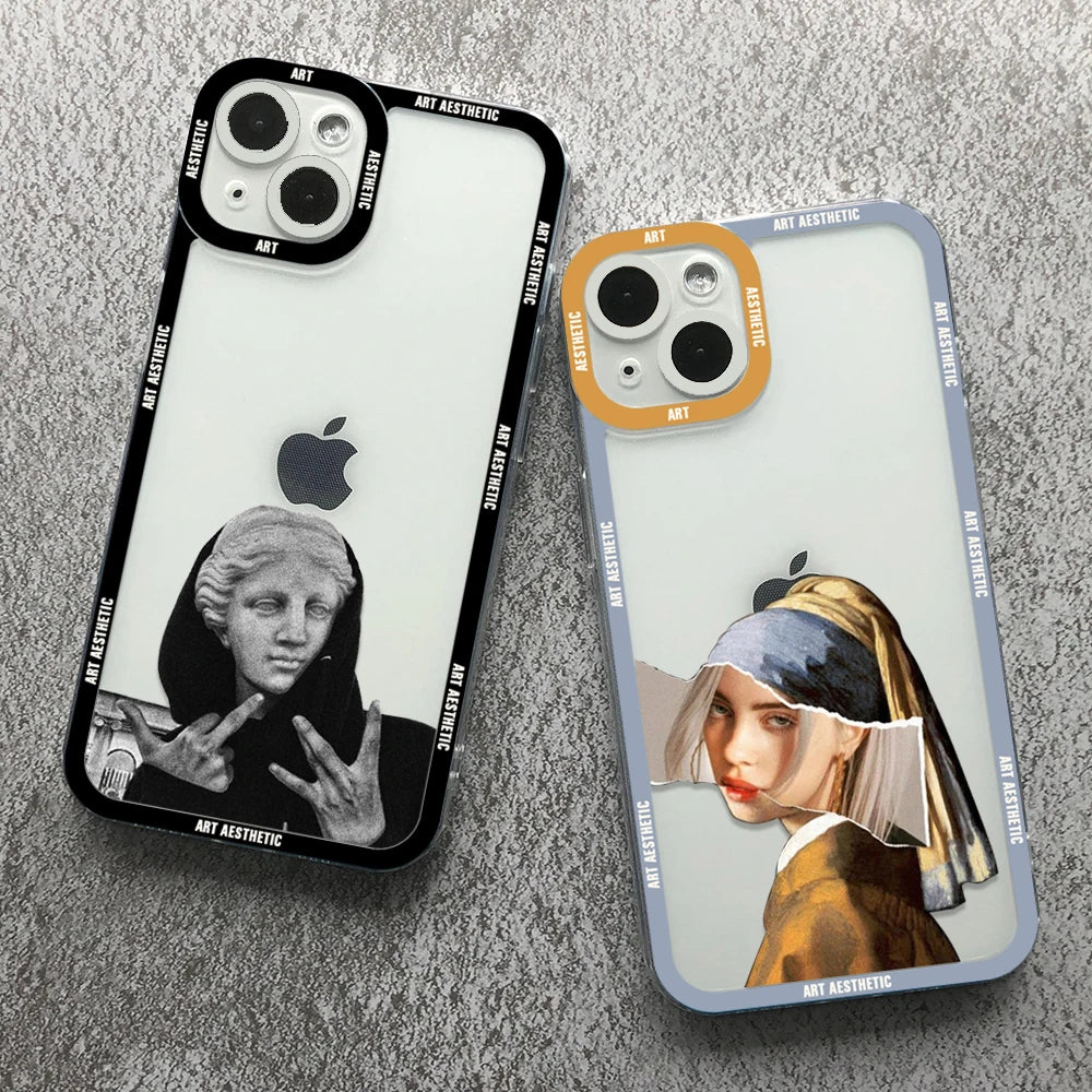Premium Kunst Ästhetisches History Design: 'David & Mona Lisa' Klare iPhone-Hülle | MagSafe-Case Rundumschutz & Kameralinsenschutz für Apple iPhone 17/17 Air, 16/16e, 15, 14, 13 Pro Max Plus Cover | Stoßfeste Handyhülle Panzertasche Stoßstangenabdeckung