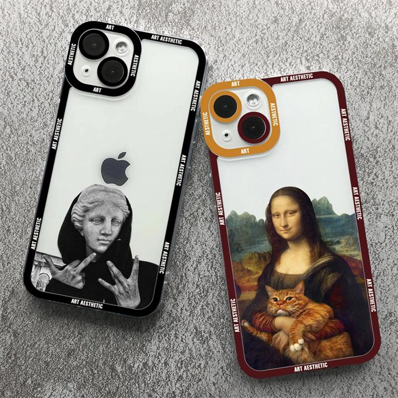Premium Kunst Ästhetisches History Design: 'David & Mona Lisa' Klare iPhone-Hülle | MagSafe-Case Rundumschutz & Kameralinsenschutz für Apple iPhone 17/17 Air, 16/16e, 15, 14, 13 Pro Max Plus Cover | Stoßfeste Handyhülle Panzertasche Stoßstangenabdeckung