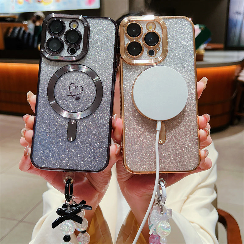 <tc>Coque magnétique de luxe pour iPhone avec bandoulière et paillettes dégradées | Étui MagSafe avec protection d’objectif caméra | Apple iPhone 17/17 Air/16/16e/15/14/13 Pro Max Plus | Étui blindé en TPU souple plaqué, protection haut de gamme</tc>