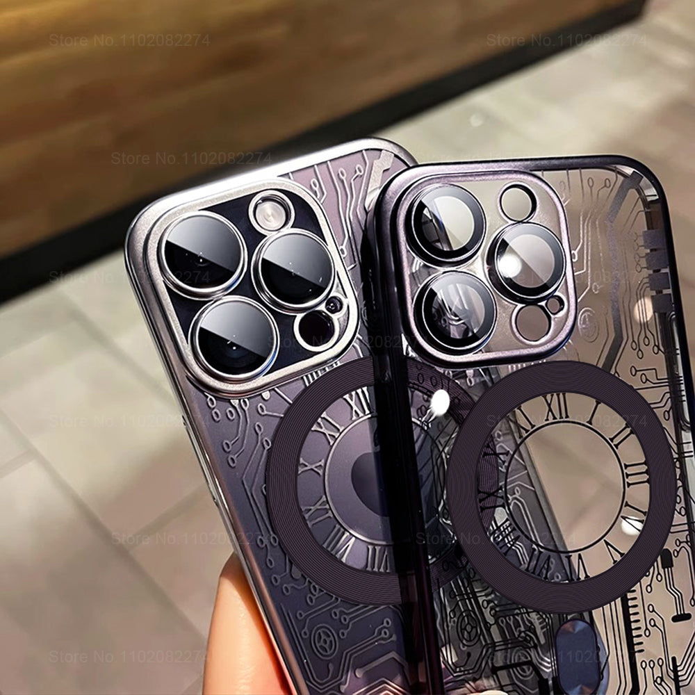 Premium Mechanical Watch Texture Design Magnetic MagSafe Transparent iPhone Case | 360-Degree Protection & Camera Lens Protection Case for Apple iPhone 16/15/14/13/12 Pro Max, Pro, Plus, e & Mini Cover | Shockproof Phone Case with Armor Shell Bumper Cover