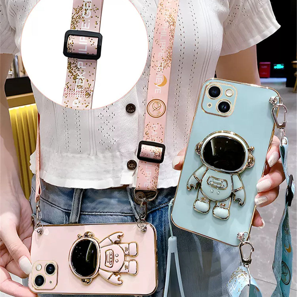 Luxus Crossbody-Lanyard Astronauten-Telefonhalterung und Ständer iPhone Hülle | MagSafe Case mit Rundumschutz und Kameralinsenschutzabdeckung für Apple iPhone 17/17 Air, 16/16e, 15, 14, 13 Pro Max Plus Cover | Panzertasche Handyhülle | Premium Schutzhülle