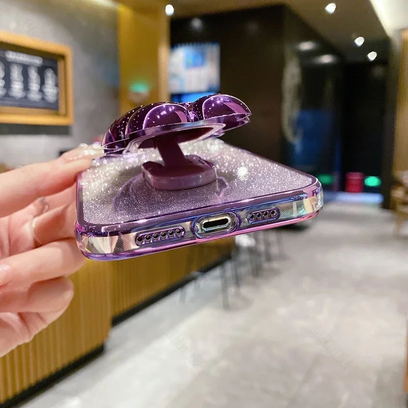 Étui en silicone pliant d'astronaute à paillettes de luxe avec support et support de main pour Apple iPhone | Antichoc, hydrofuge et sans traces de doigts