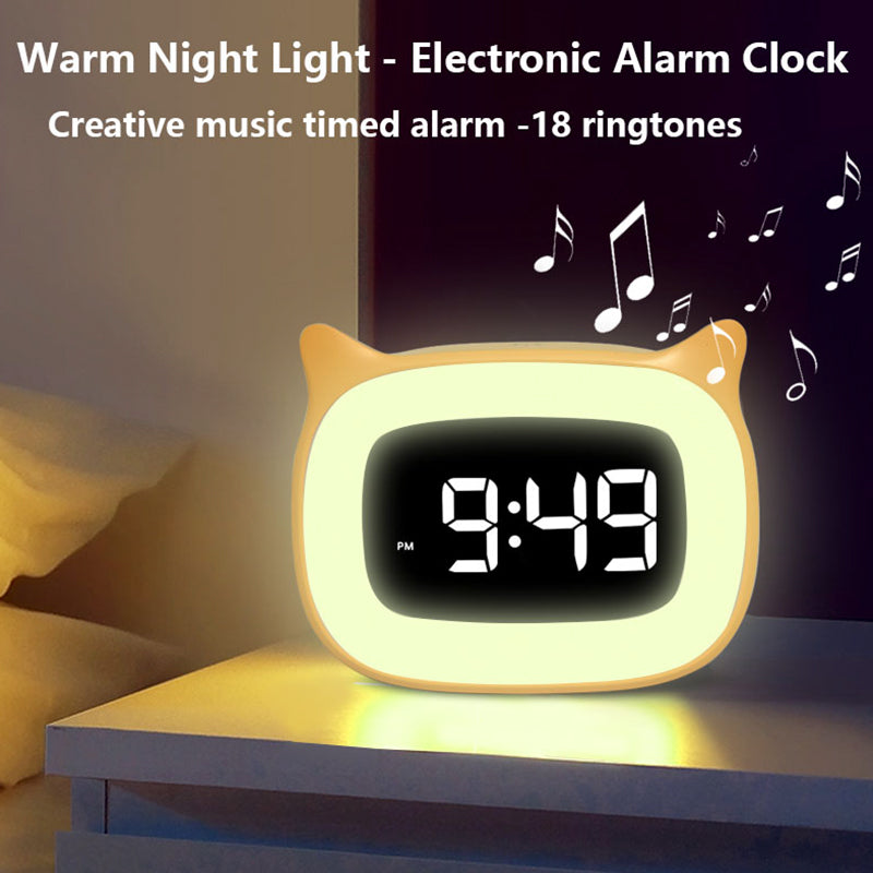 Réveil numérique rechargeable haut de gamme avec motif chat : veilleuse, fonction snooze tactile, affichage permanent, 12/24 h, double alarme, musique, horloge de table LED