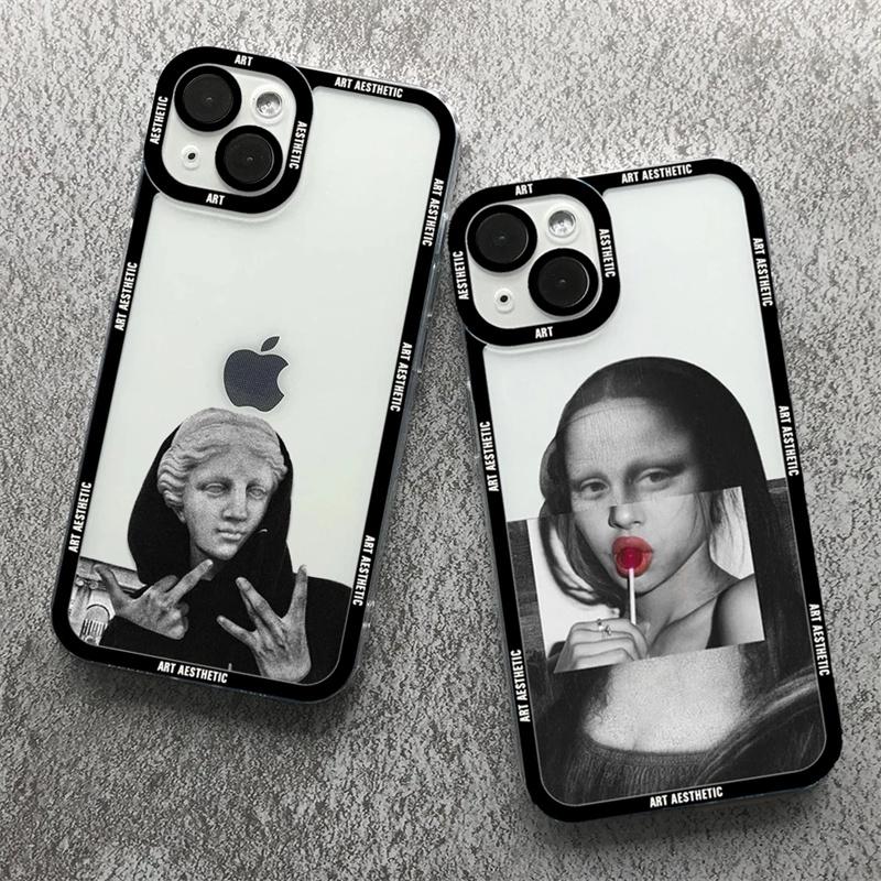 Premium Kunst Ästhetisches History Design: 'David & Mona Lisa' Klare iPhone-Hülle | MagSafe-Case Rundumschutz & Kameralinsenschutz für Apple iPhone 17/17 Air, 16/16e, 15, 14, 13 Pro Max Plus Cover | Stoßfeste Handyhülle Panzertasche Stoßstangenabdeckung