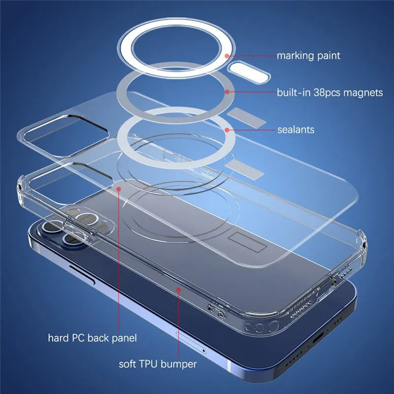 Transparent Magnetic Magsafe For Apple iPhone 16/15/14/13/12 Pro Max Plus Mini Case | Clear Transparent Case, Wireless Charging, Dustproof, Water-Resistant & Enhanced Camera Protection Cover