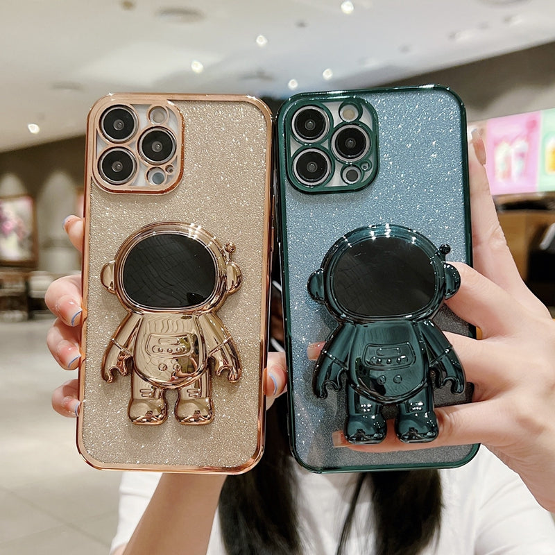 Étui en silicone pliant d'astronaute à paillettes de luxe avec support et support de main pour Apple iPhone | Antichoc, hydrofuge et sans traces de doigts