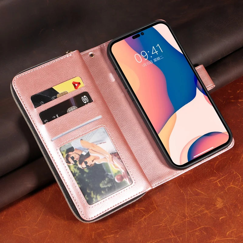 Étui portefeuille en cuir de qualité supérieure SecureSwipe pour Apple iPhone | Caractéristiques du portefeuille et du portefeuille : fermeture magnétique, plusieurs emplacements pour cartes, construction résistante aux rayures, aux chocs et légère.