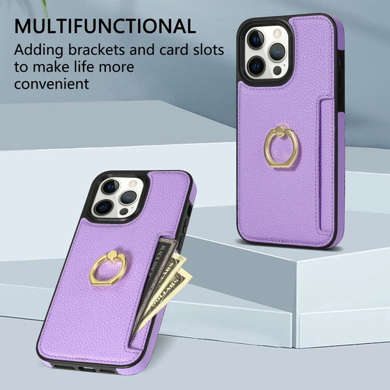 Hochwertiges Kartenfach Leder Brieftasche, Ringhalter und Ständer iPhone Hülle | MagSafe Case, Rundumschutz, Kameralinsenschutzabdeckung für Apple iPhone 17/17 Air, 16/16e, 15, 14, 13 Pro, Max, Plus | Panzer Handyhülle Wallet Geldbörse Schutzhülle