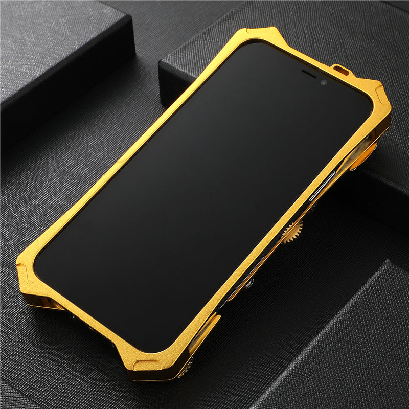 Premium Mechanisches Gaming-Design: Stoßfeste Metall-Handyhülle mit Zahnrad, Ständer | Aluminium-Kühlung, Schädel-Kompass-Case für Apple iPhone 17/17 Air, 16/16e, 15, 14, 13, 12 Pro Max Plus Mini | MagSafe Case, Rundumschutz & Kameralinsenschutz