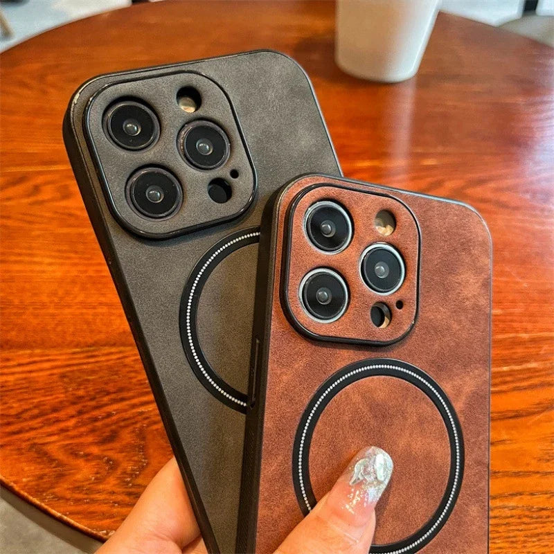 Étui MagSafe en cuir de haute qualité : étui magnétique pour iPhone | Coque antichoc avec housse de protection pour appareil photo - Coque blindée pour Apple iPhone 15/14/13 Pro Max Plus | Coque de téléphone de luxe