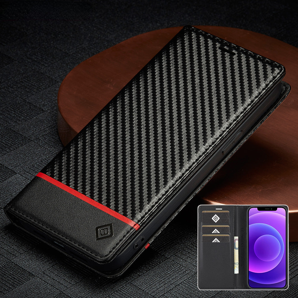 Premium Brieftasche aus Kohlefaser-Leder | Magnetisches Flip-Book-Cover iPhone Hülle | MagSafe Case mit Kartenhalter, Stand und Geldbörse, Portmonee Funktion für Apple iPhone 17/17 Air, 16/16e, 15, 14, 13, 12 Pro Max Plus Mini - Vielseitige Schutzhülle