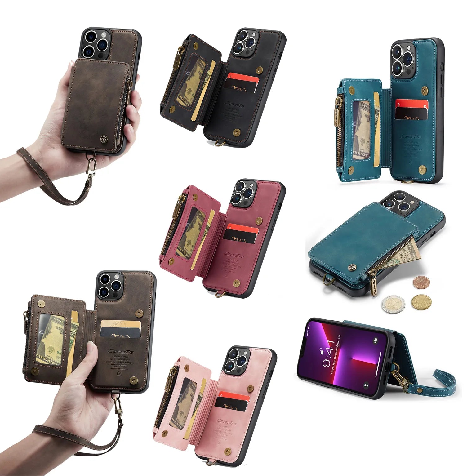 Hochwertige Leder-Brieftasche mit Kartenfach, Portmonee und Ständer iPhone-Hülle | MagSafe Case, Rundumschutz, Kameralinsenschutzabdeckung für Apple iPhone 17/17 Air, 16/16e, 15, 14, 13 Pro Max Plus Cover | Wallet & Geldbörse Schutzhülle