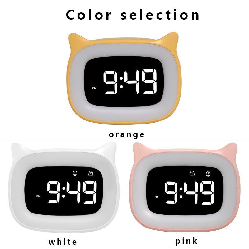 Réveil numérique rechargeable haut de gamme avec motif chat : veilleuse, fonction snooze tactile, affichage permanent, 12/24 h, double alarme, musique, horloge de table LED