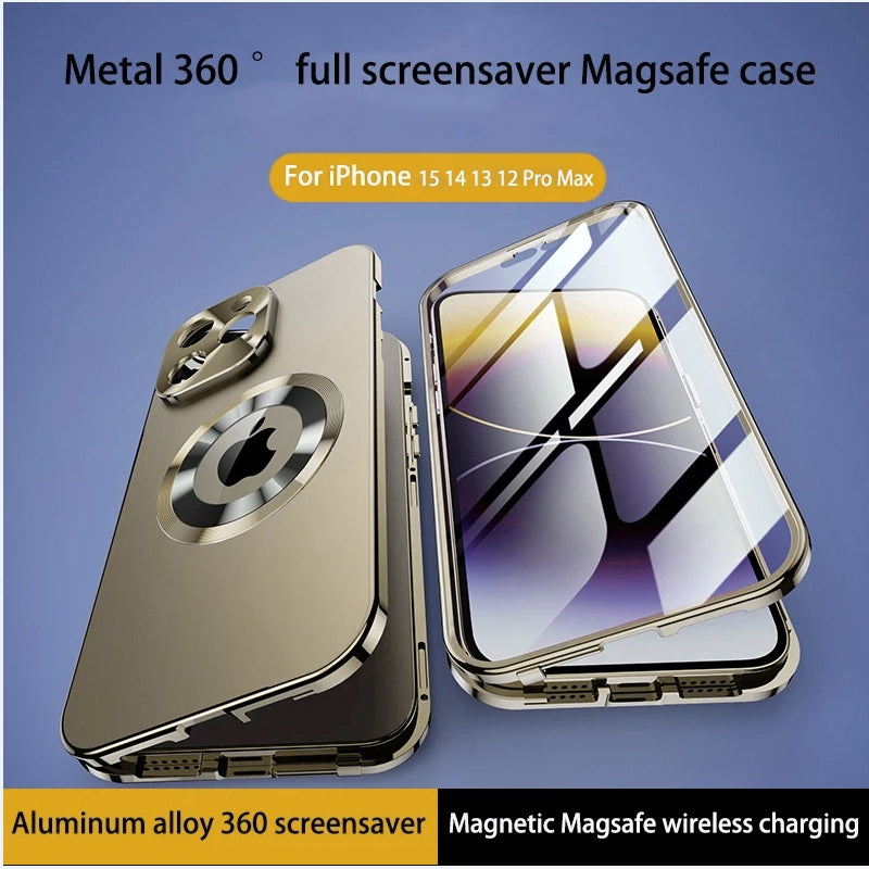 Luxus Ultra-Dünne iPhone Hülle: Metalllegierung und Glas, Sichtschutz, Doppelseitiger 360° Vollschutz | MagSafe-kompatibel Magnetischer Adsorption, Stoßfest, Kameraschutz Case, Schutzhülle Apple iPhone 17/17Air, 16/16e, 15, 14, 13 Pro Max, Pro, Plus Cover