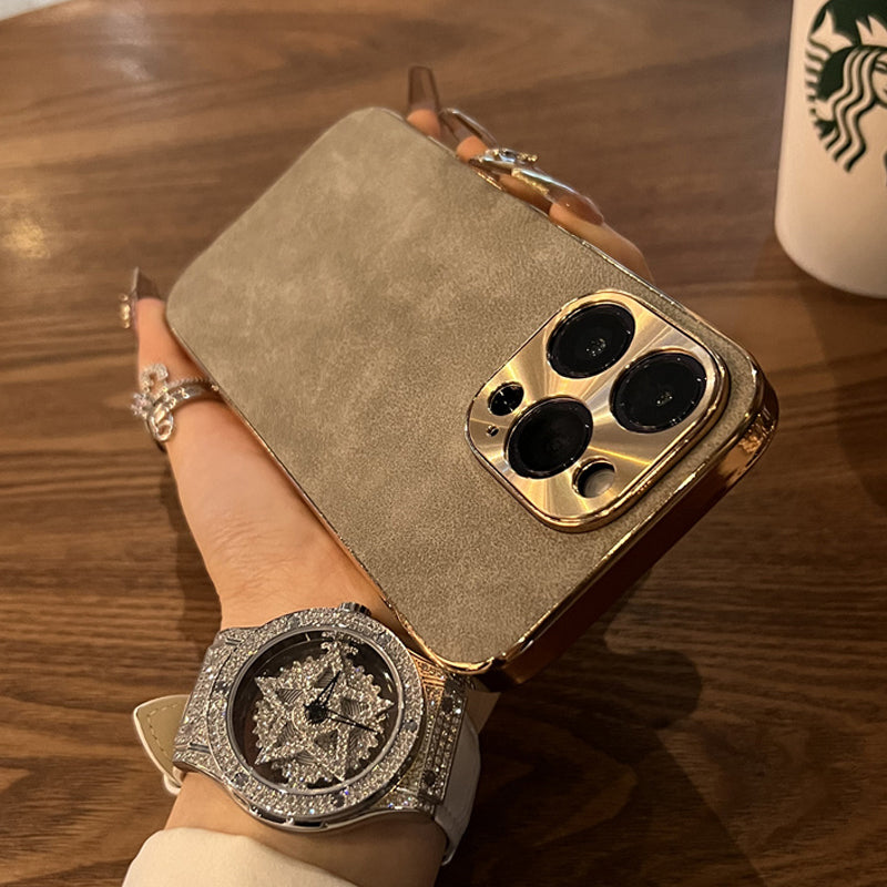 Étui en cuir Premium MagSafe Apple iPhone avec cadre galvanisé | Coque cadre doré, protection appareil photo - coque de protection pour iPhone 15, 14 Pro Max Plus