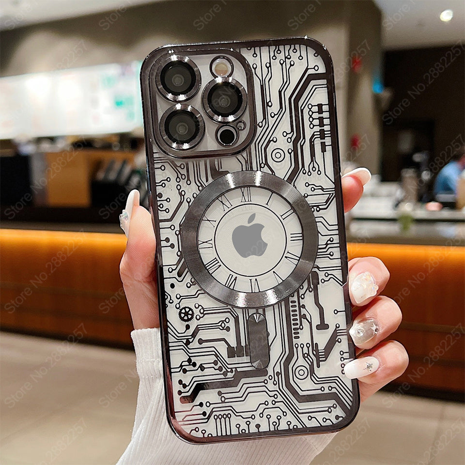 Premium Mechanical Watch Texture Design Magnetic MagSafe Transparent iPhone Case | 360-Degree Protection & Camera Lens Protection Case for Apple iPhone 16/15/14/13/12 Pro Max, Pro, Plus, e & Mini Cover | Shockproof Phone Case with Armor Shell Bumper Cover