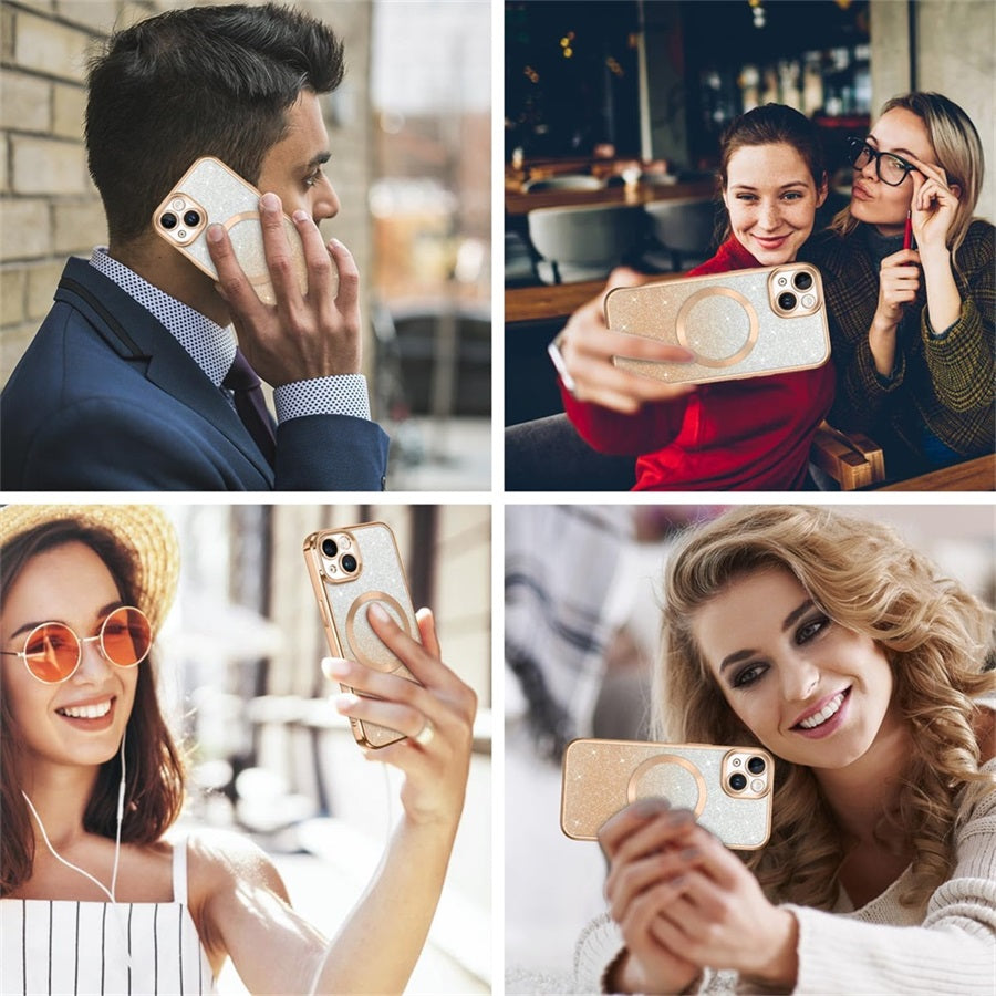 <tc>Coque magnétique de luxe pour iPhone avec bandoulière et paillettes dégradées | Étui MagSafe avec protection d’objectif caméra | Apple iPhone 17/17 Air/16/16e/15/14/13 Pro Max Plus | Étui blindé en TPU souple plaqué, protection haut de gamme</tc>