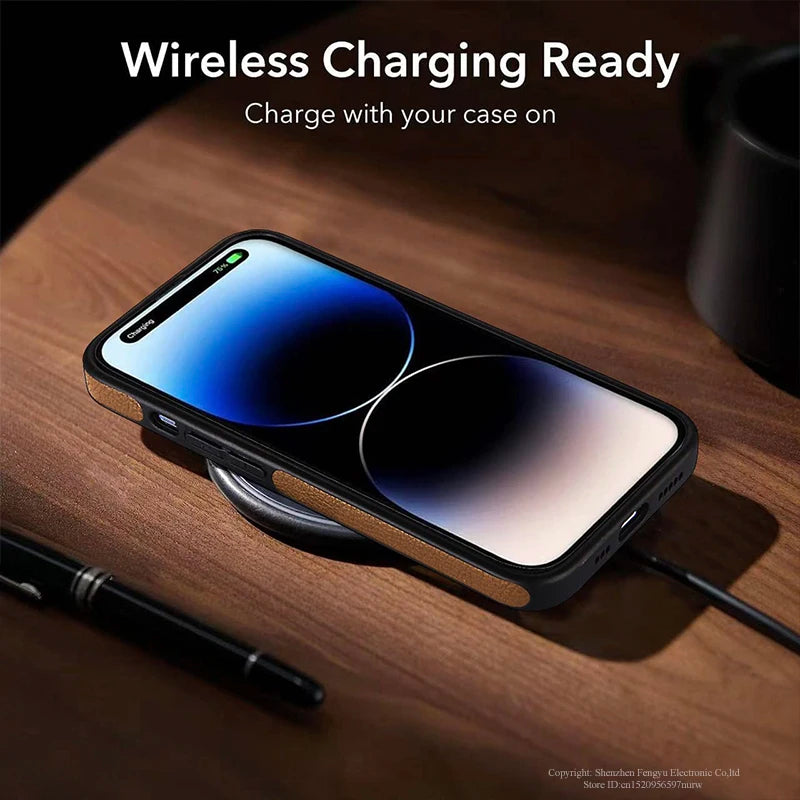 Hochwertige Ultra dünne stoßfeste Leder Textur iPhone Hülle | MagSafe Case mit Kameralinsenschutzabdeckung für Apple iPhone 17/17 Air, 16/16e, 15, 14, 13 Pro Max Plus Cover | Panzertasche, Stoßstangenabdeckung Handyhülle | Premium Schutzhülle