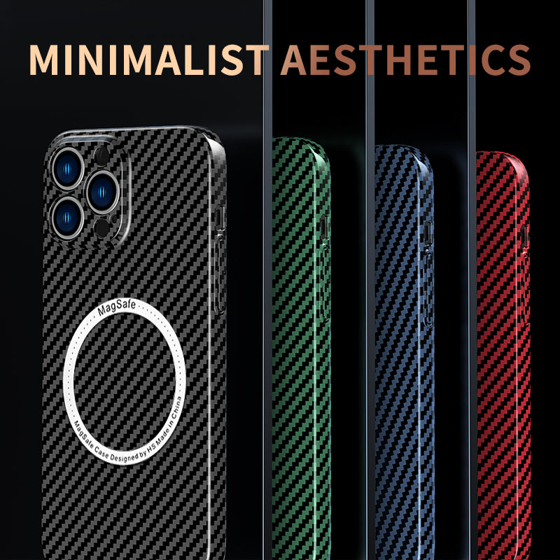 Coque iPhone de luxe ultra fine en fibre de carbone | Étui MagSafe avec protection complète et protection d'objectif d'appareil photo pour Apple iPhone 15/14/13/12 Pro Max, Plus, Mini Cover | Coque de téléphone antichoc avec poche blindée et pare-chocs