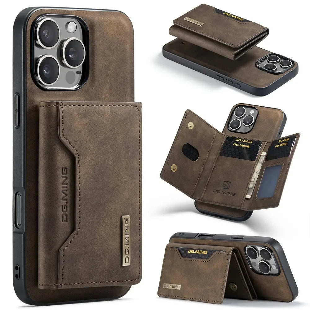Premium Leder Magnetische Geldbörse mit Kartenhalter iPhone Hülle | MagSafe Case für Apple iPhone 17/17 Air, 16/16e, 15, 14, 13, 12 Pro Max, Plus - Rundumschutz Cover mit Kameralinsenschutz | Panzertasche Handyhülle | Wallet Schutzhülle