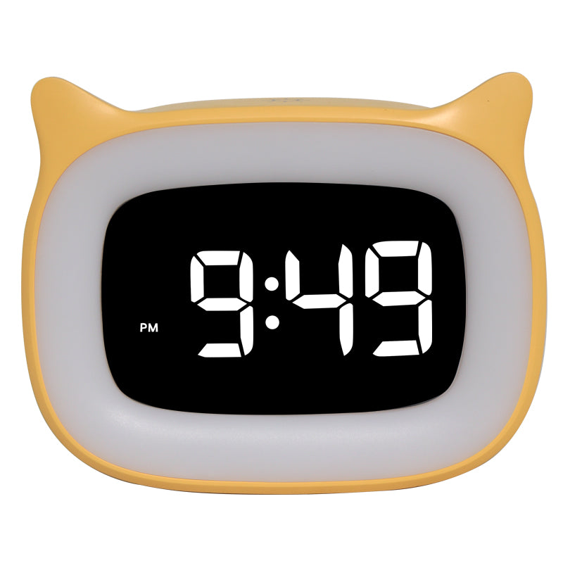 Réveil numérique rechargeable haut de gamme avec motif chat : veilleuse, fonction snooze tactile, affichage permanent, 12/24 h, double alarme, musique, horloge de table LED