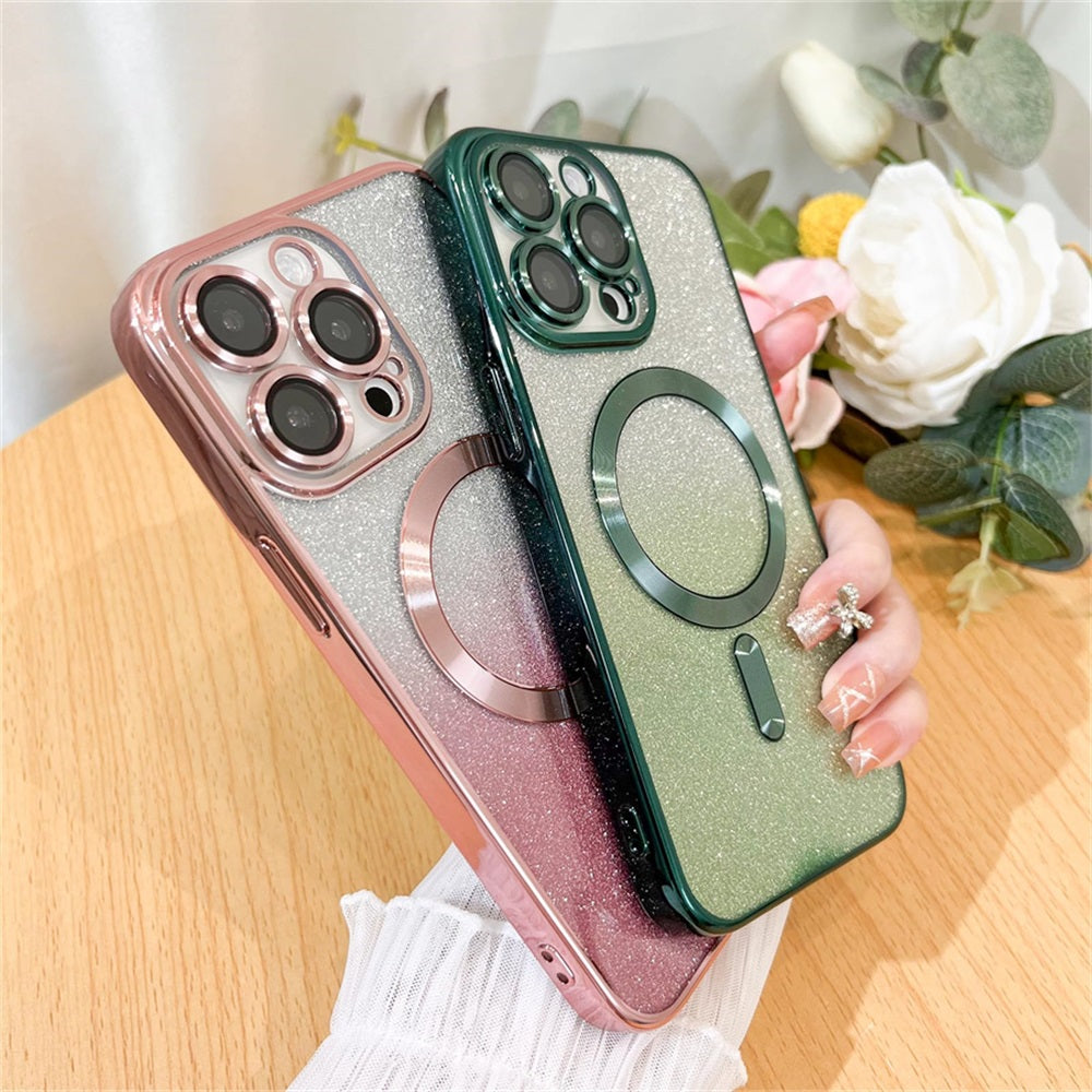 <tc>Coque magnétique de luxe pour iPhone avec bandoulière et paillettes dégradées | Étui MagSafe avec protection d’objectif caméra | Apple iPhone 17/17 Air/16/16e/15/14/13 Pro Max Plus | Étui blindé en TPU souple plaqué, protection haut de gamme</tc>