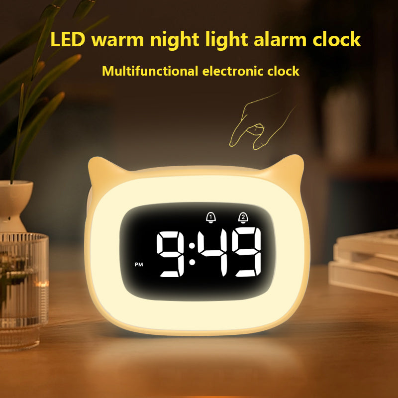 Réveil numérique rechargeable haut de gamme avec motif chat : veilleuse, fonction snooze tactile, affichage permanent, 12/24 h, double alarme, musique, horloge de table LED