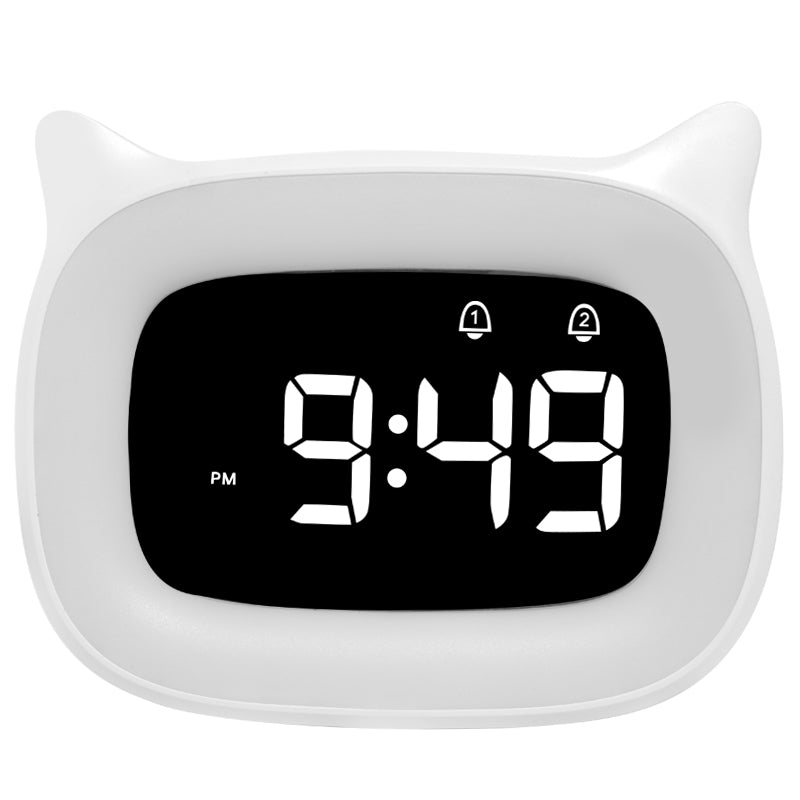 Réveil numérique rechargeable haut de gamme avec motif chat : veilleuse, fonction snooze tactile, affichage permanent, 12/24 h, double alarme, musique, horloge de table LED