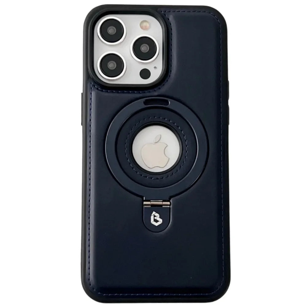 Premium Leder iPhone Hülle mit Magnetring-Ständer: 360 Grad Rotierende Gyro-Standfunktion & Faltbarer Halter | MagSafe Case, Rundumschutz, Kameralinsenschutz für Apple iPhone 17/17 Air, 16/16e, 15, 14, 13 Pro Max Plus Cover | Panzertasche Schutzhülle