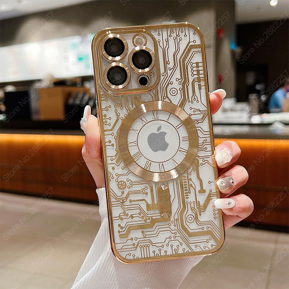 Premium Mechanical Watch Texture Design Magnetic MagSafe Transparent iPhone Case | 360-Degree Protection & Camera Lens Protection Case for Apple iPhone 16/15/14/13/12 Pro Max, Pro, Plus, e & Mini Cover | Shockproof Phone Case with Armor Shell Bumper Cover