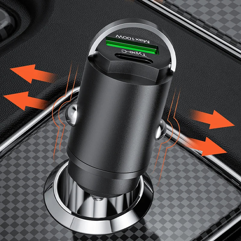 Mini chargeur de voiture 200 W de haute qualité avec fonction de charge rapide pour Apple iPhone 15 14 13 12 11 Pro Max Plus Mini, Android, Xiaomi, Samsung, Huawei | QC 3.0 PD, chargeur de téléphone de voiture USB Type C