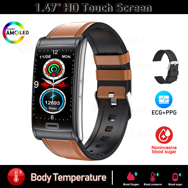 Bracelet intelligent de santé ECG + PPG de glycémie non invasif de haute qualité | Montre intelligente de sport étanche IP68 pour hommes avec surveillance de la glycémie