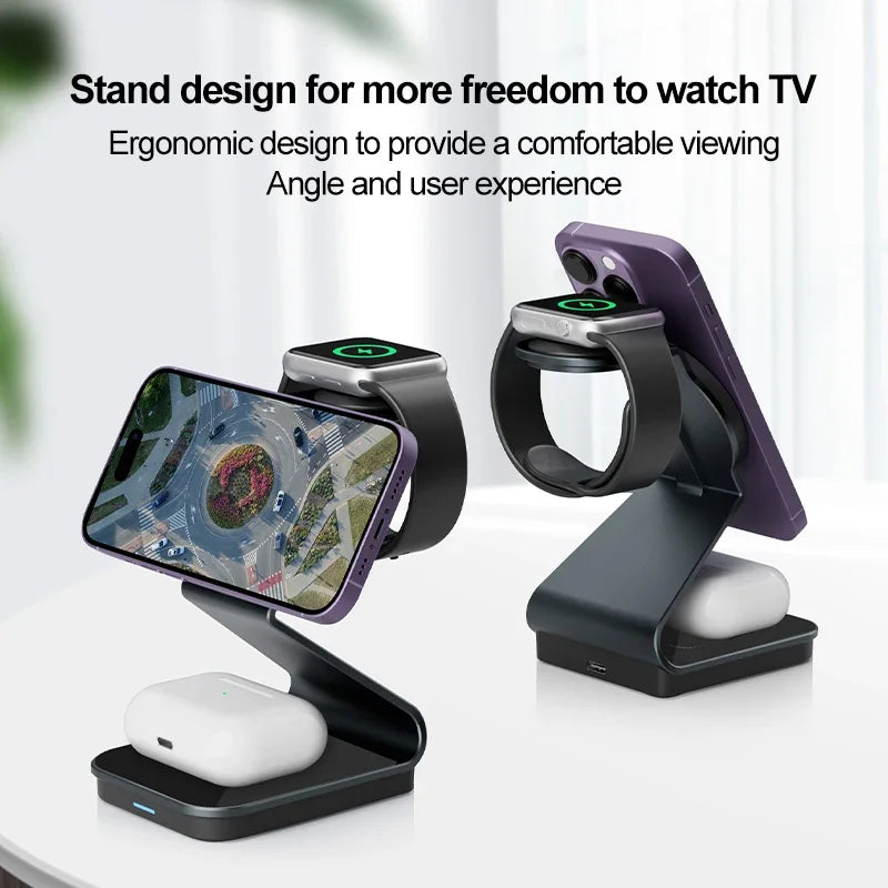 Station de charge magnétique pliable 3 en 1 Chargeur sans fil 15 W Station de charge rapide en aluminium Station d'accueil Station de charge sans fil Apple iPhone