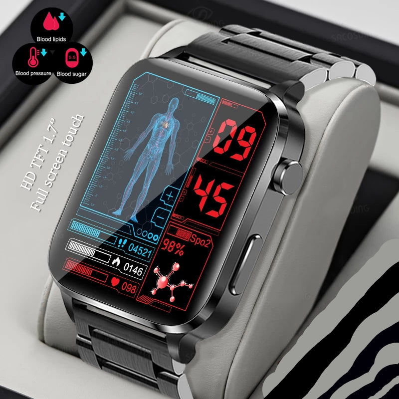 Montre intelligente de glycémie haut de gamme pour hommes avec assistant vocal AI, appel Bluetooth, mesure automatique de l'oxygène dans le sang par infrarouge, surveillance de la santé, ECG et PPG