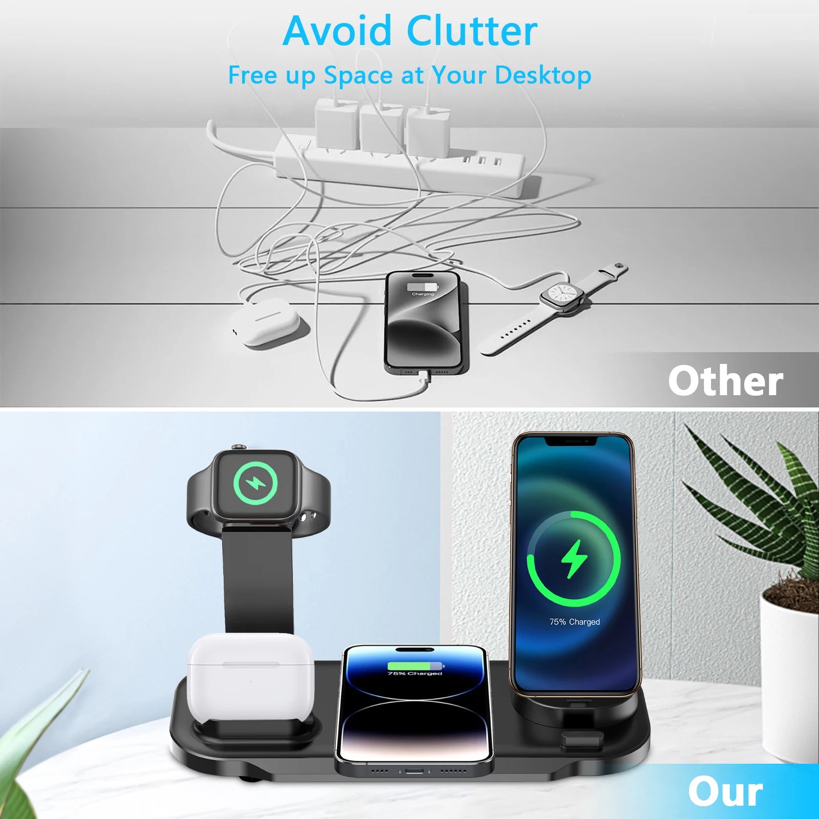 Station de recharge rapide LED 3 en 1 haut de gamme | Chargeur sans fil multifonctionnel, Station de charge rapide sans fil, Station d'accueil pour iPhone, AirPods, Apple Watch et iPad | Support et support pour téléphone/tablette