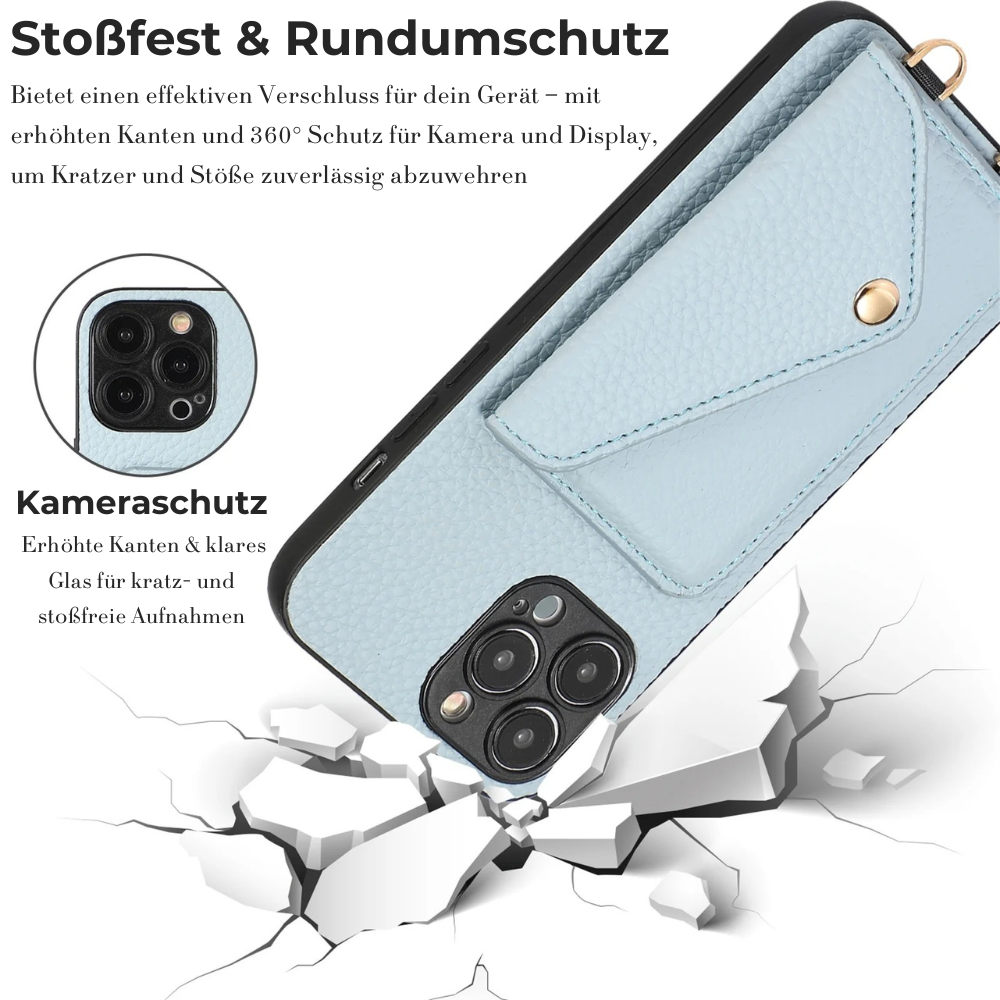 <tc>Étui portefeuille en cuir de luxe avec bandoulière pour Apple iPhone | Housse premium avec porte-cartes, fonction portefeuille et cordon élégant | Coque de protection antichute avec pare-chocs robuste, design raffiné et finition de haute qualité</tc>